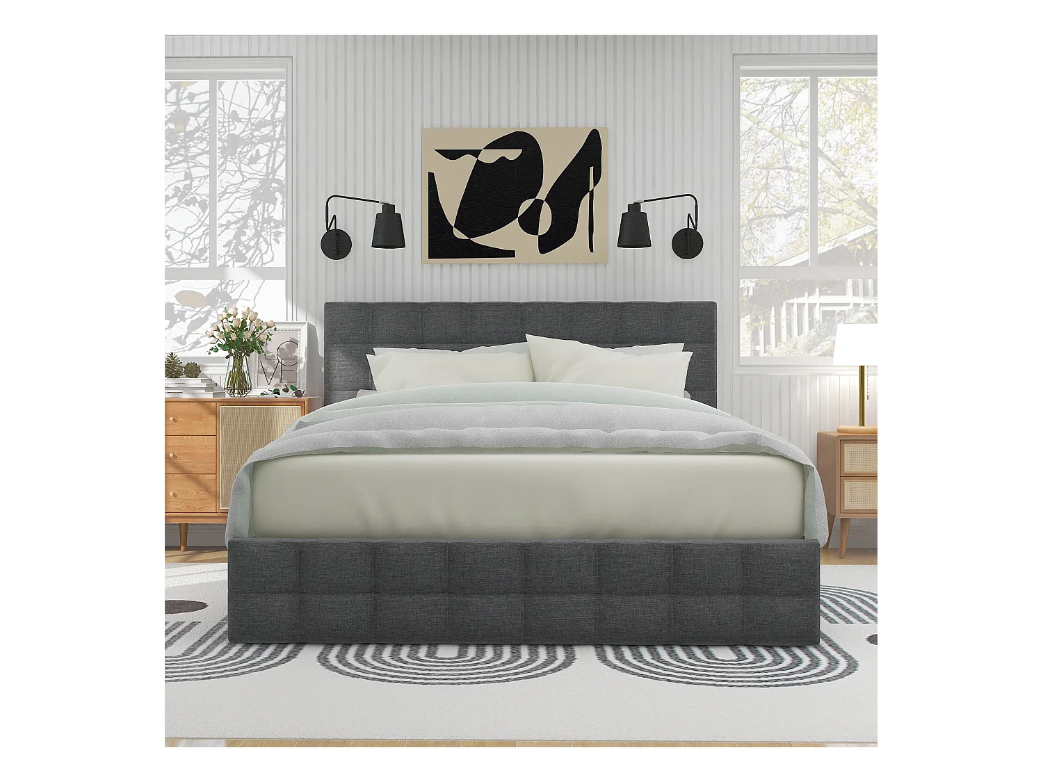 Lit double 140x200 cm avec sommier - tête de lit réglable en hauteur et 4 tiroirs - cadre métallique - lin gris (sans matelas)