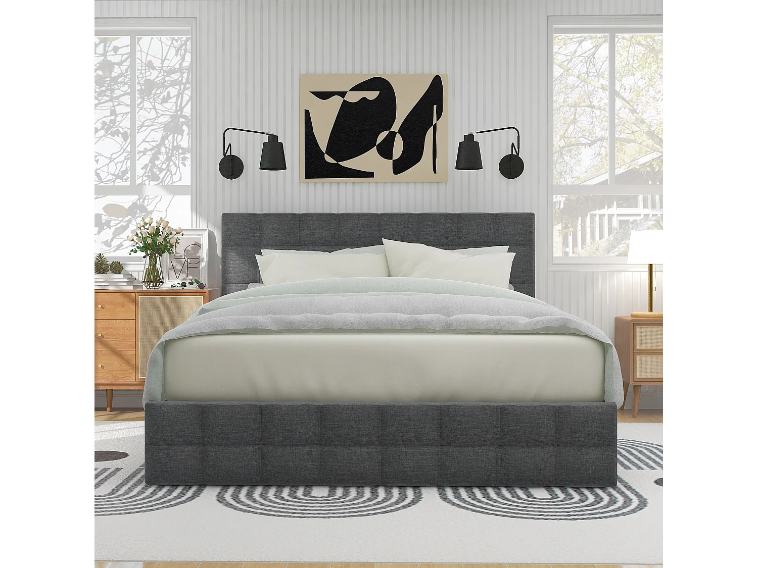 Lit double 140x200 cm avec sommier - tête de lit réglable en hauteur et 4 tiroirs - cadre métallique - lin gris (sans matelas)