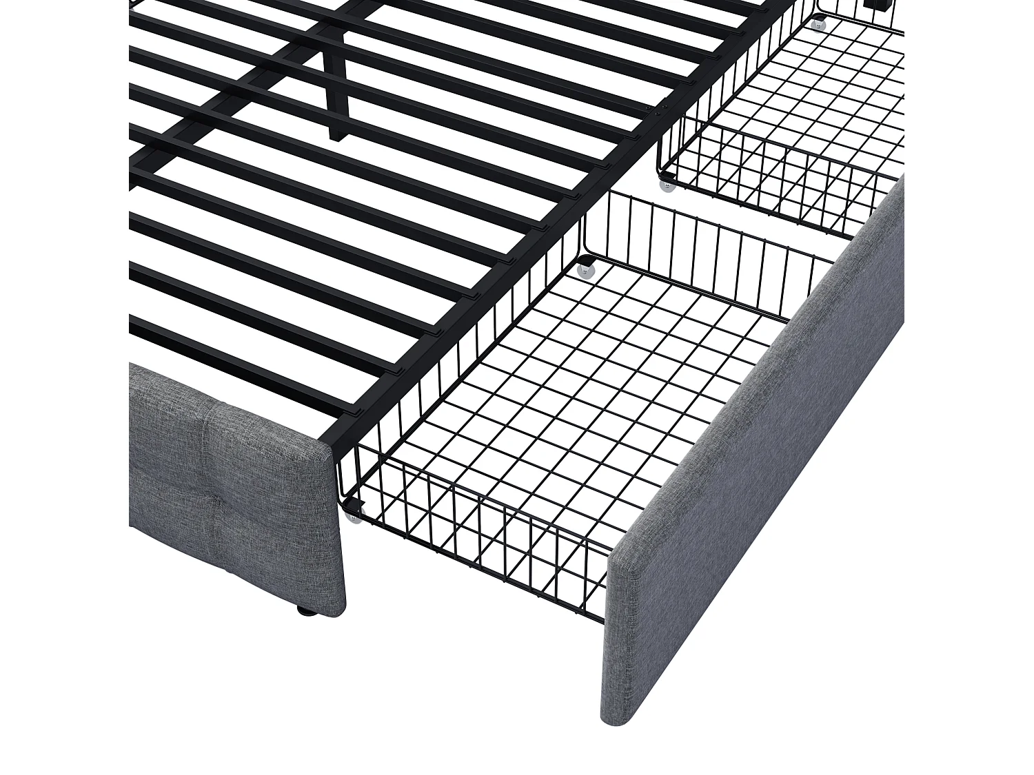 Lit double 140x200 cm avec sommier - tête de lit réglable en hauteur et 4 tiroirs - cadre métallique - lin gris (sans matelas)