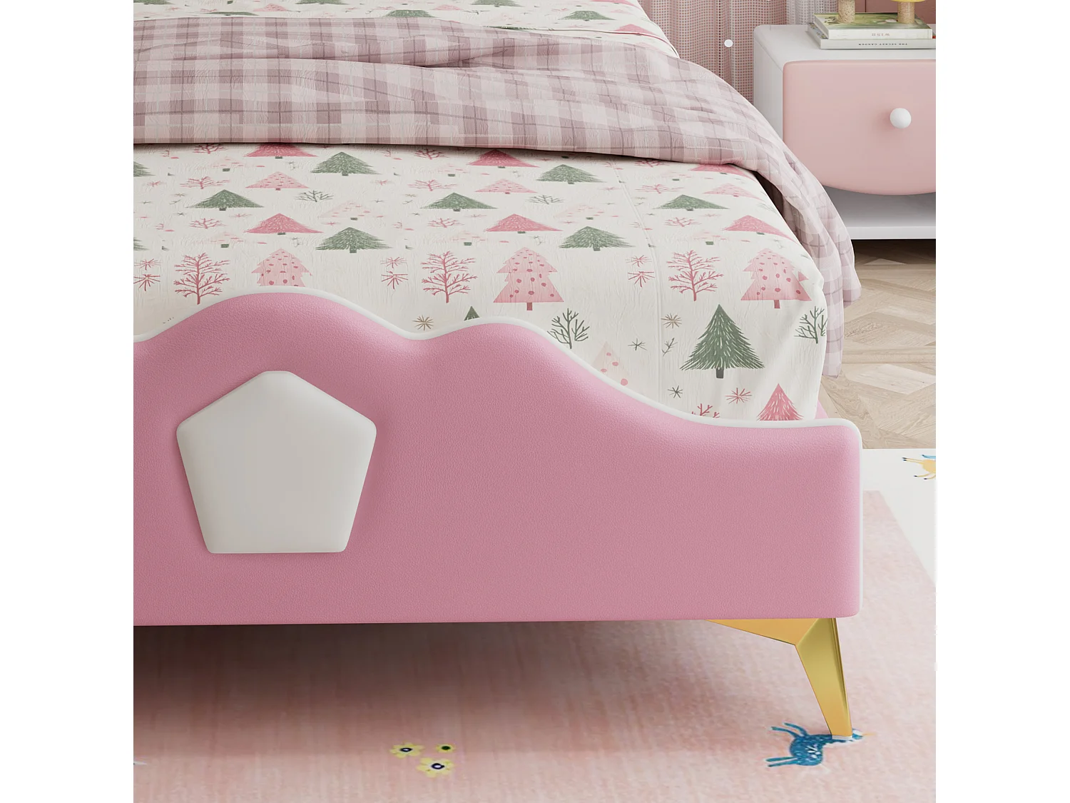 Lit enfant 90x200cm Lit simple Style princesse Confort protecteur Revêtement PU Chambre fille Rose et blanc (Sans matelas)