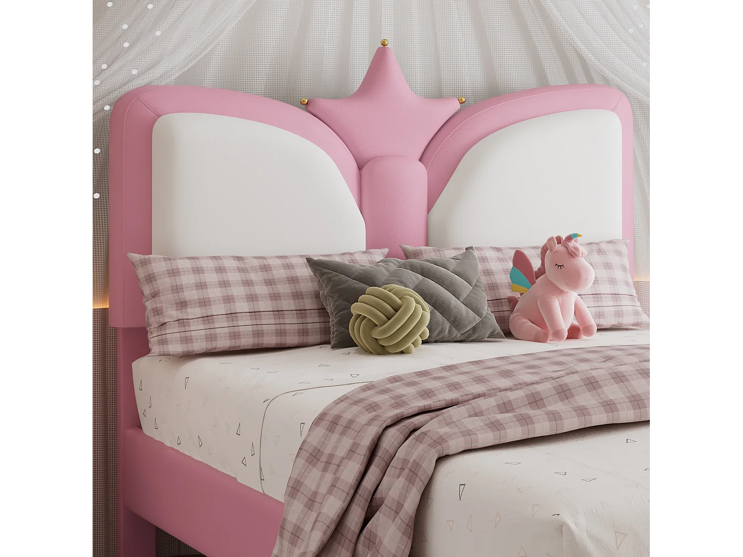 Lit enfant 90x200cm Lit simple Style princesse Confort protecteur Revêtement PU Chambre fille Rose et blanc (Sans matelas)