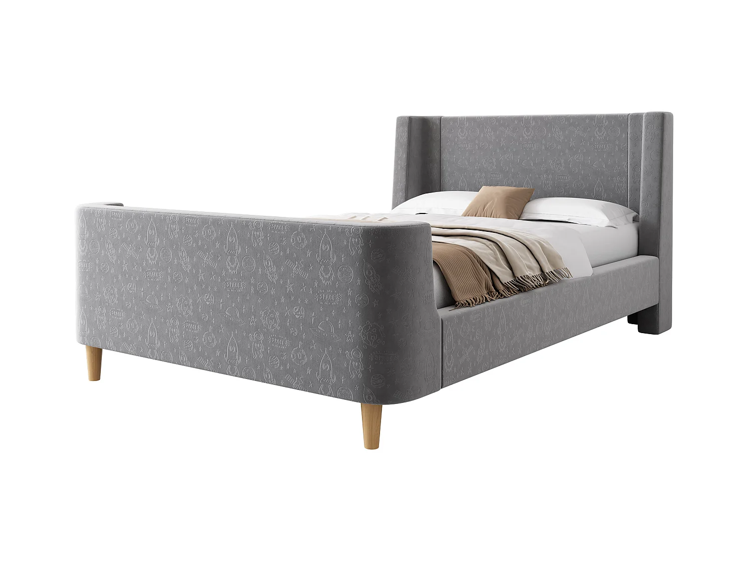 Lit enfant 90x200 cm avec sommier à Lattes- cadre de lit en bois - velours - gris (sans matelas)