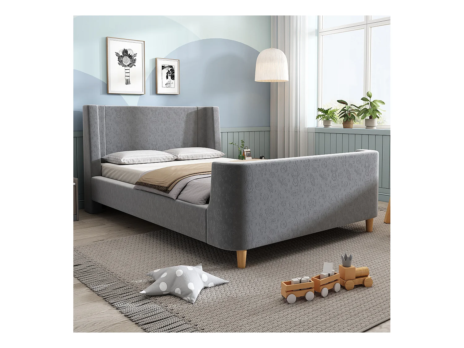 Lit enfant 90x200 cm avec sommier à Lattes- cadre de lit en bois - velours - gris (sans matelas)