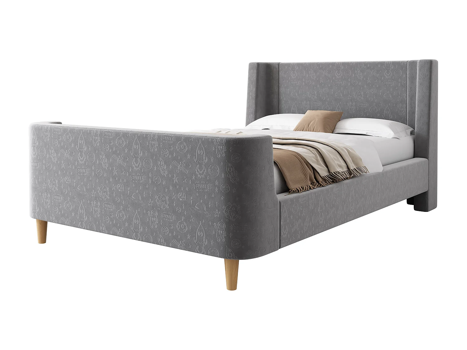 Lit enfant 90x200 cm avec sommier à Lattes- cadre de lit en bois - velours - gris (sans matelas)