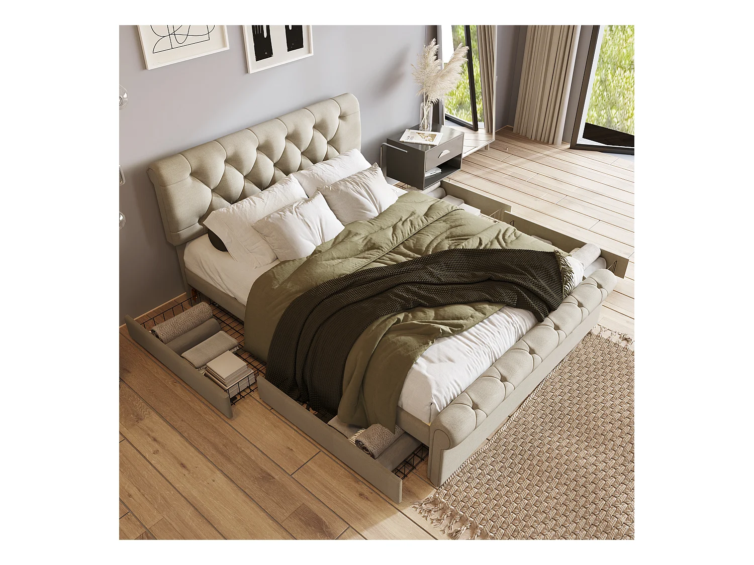 Lit double adulte 140x200 cm avec sommier - tête de lit réglable en hauteur et 4 tiroirs - bois - naturel (sans matelas)