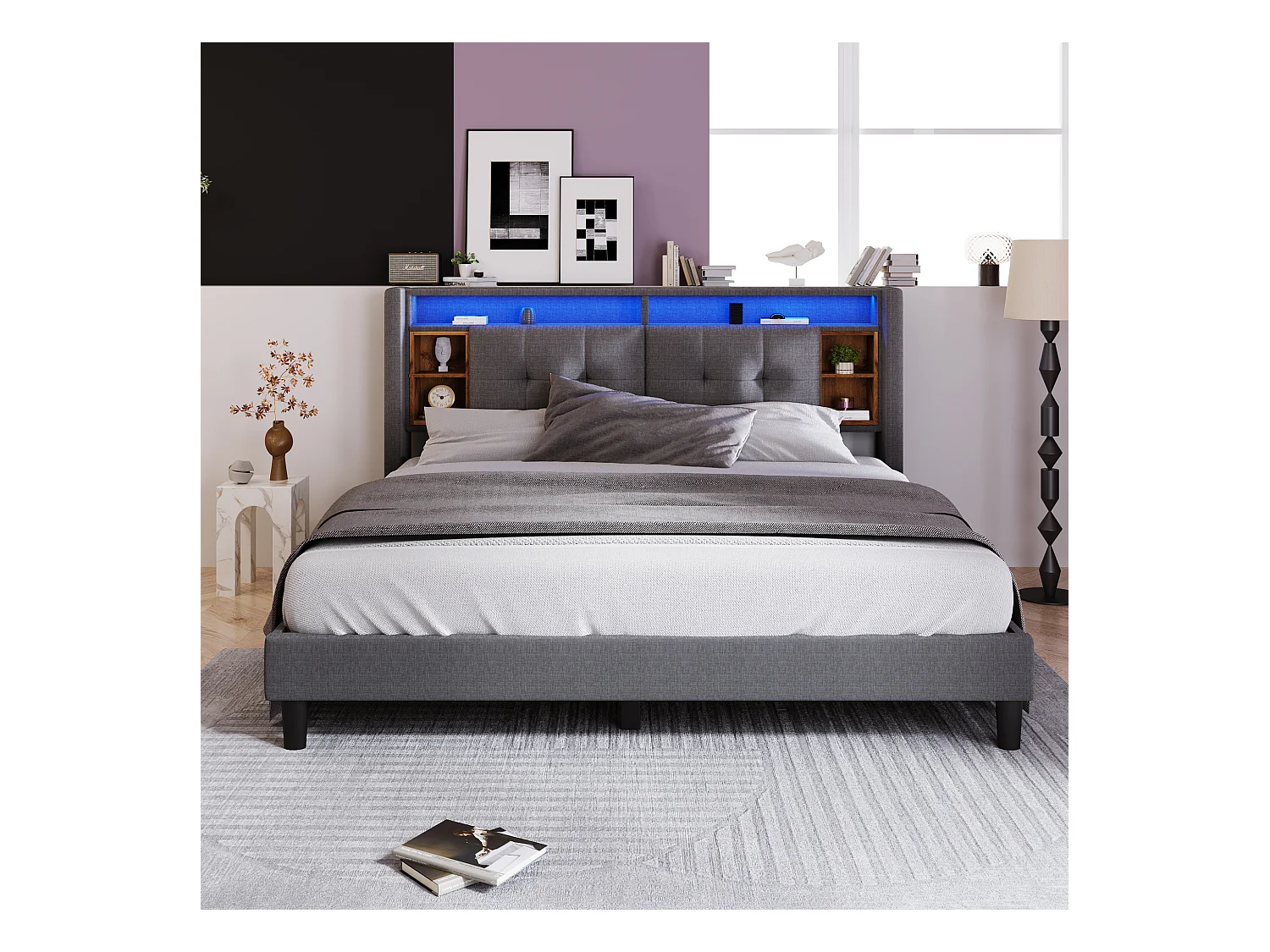 Lit adulte 140x200 cm avec sommier - tête de lit rangement avec USB et LED - bois - gris (sans matelas)
