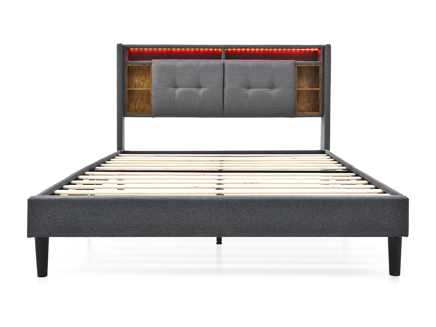 Lit adulte 140x200 cm avec sommier - tête de lit rangement avec USB et LED - bois - gris (sans matelas)