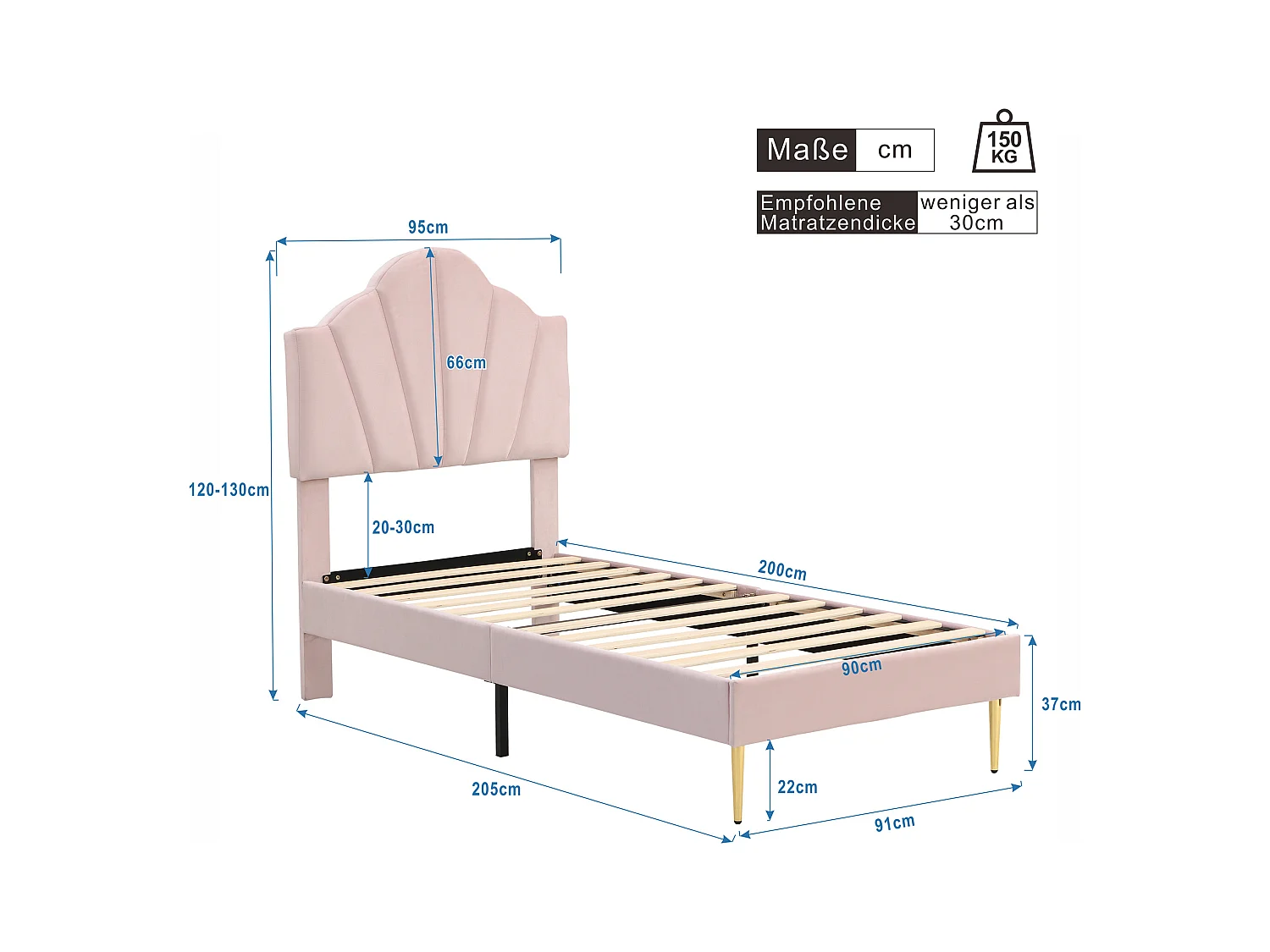 Lit enfant 90x200 cm avec sommier - tête de lit réglable en hauteur et pieds en métal - bois - velours rose (sans matelas)
