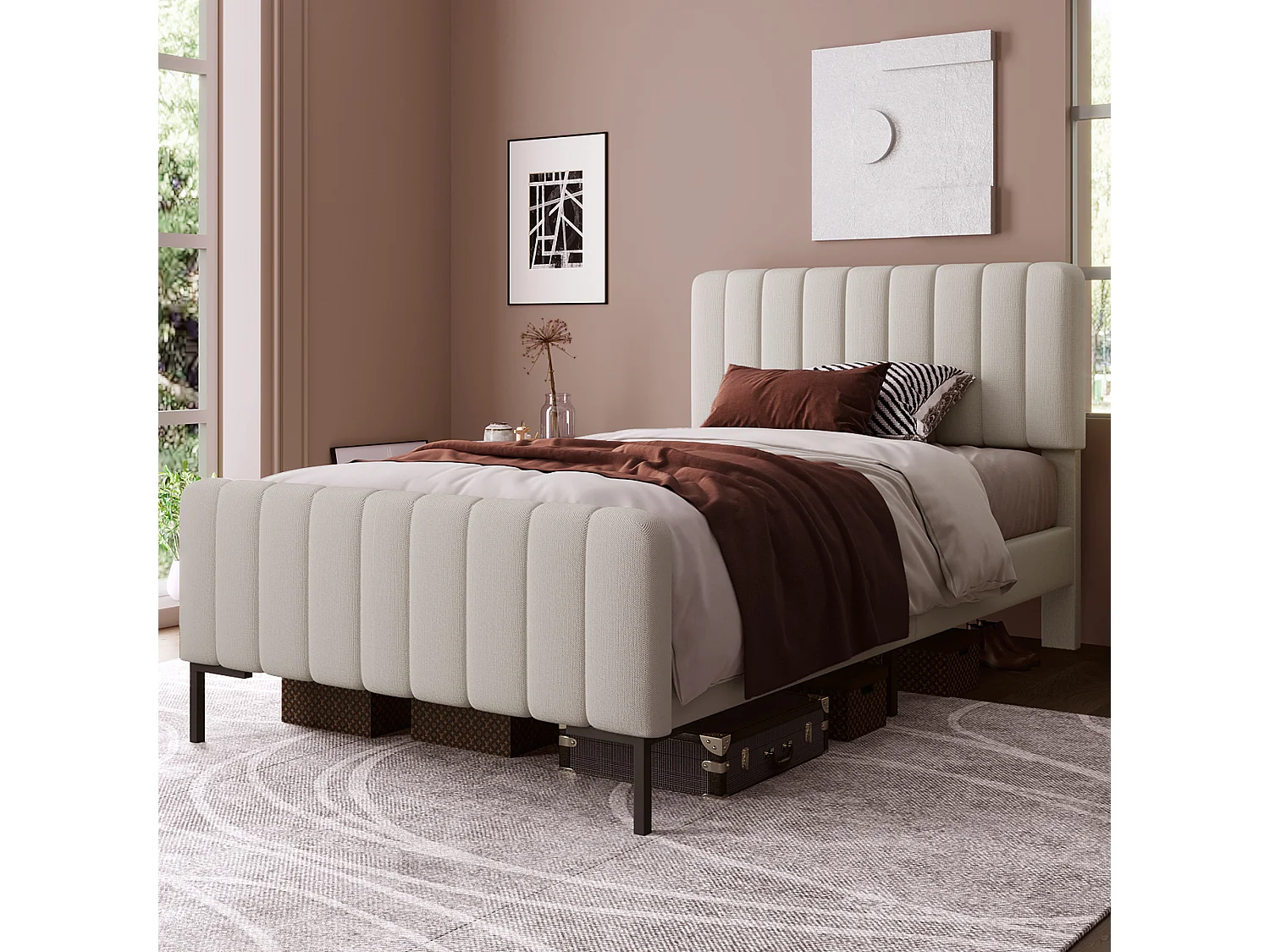 Cama individual infantil 90x200 cm con somier de láminas - cabecero regulable en altura - lino beige (sin colchón)