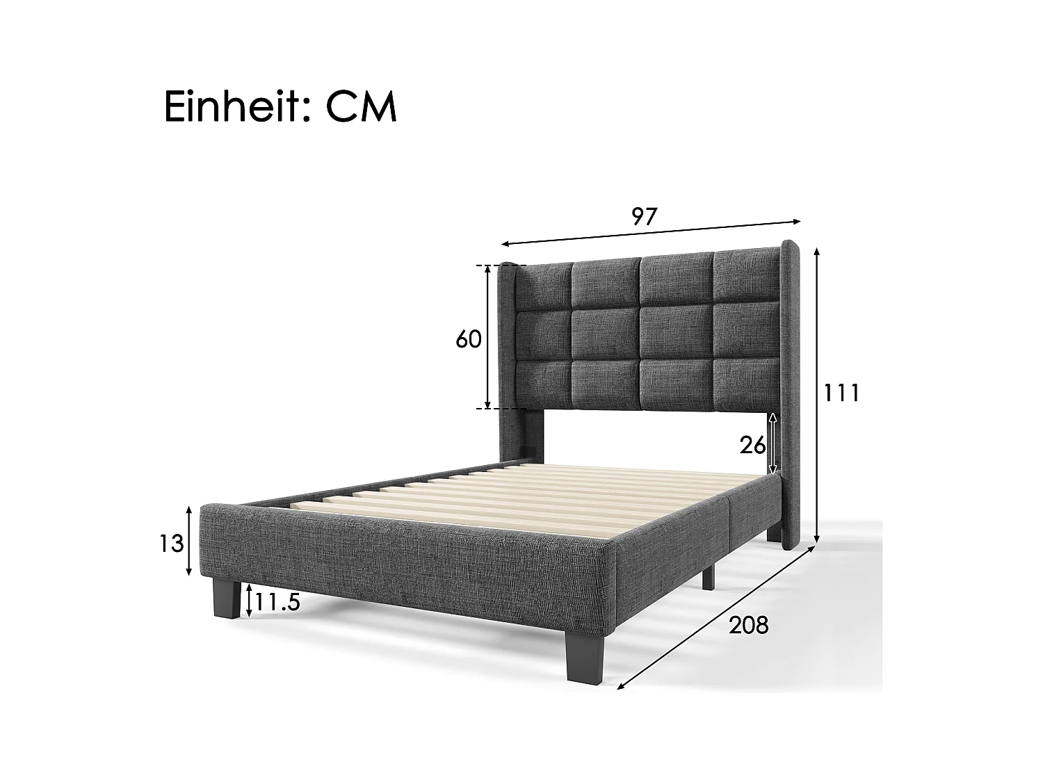 Lit enfant 90x200cm avec sommier - tête de lit capitonnée - cadre de lit en bois - lin gris (sans matelas)