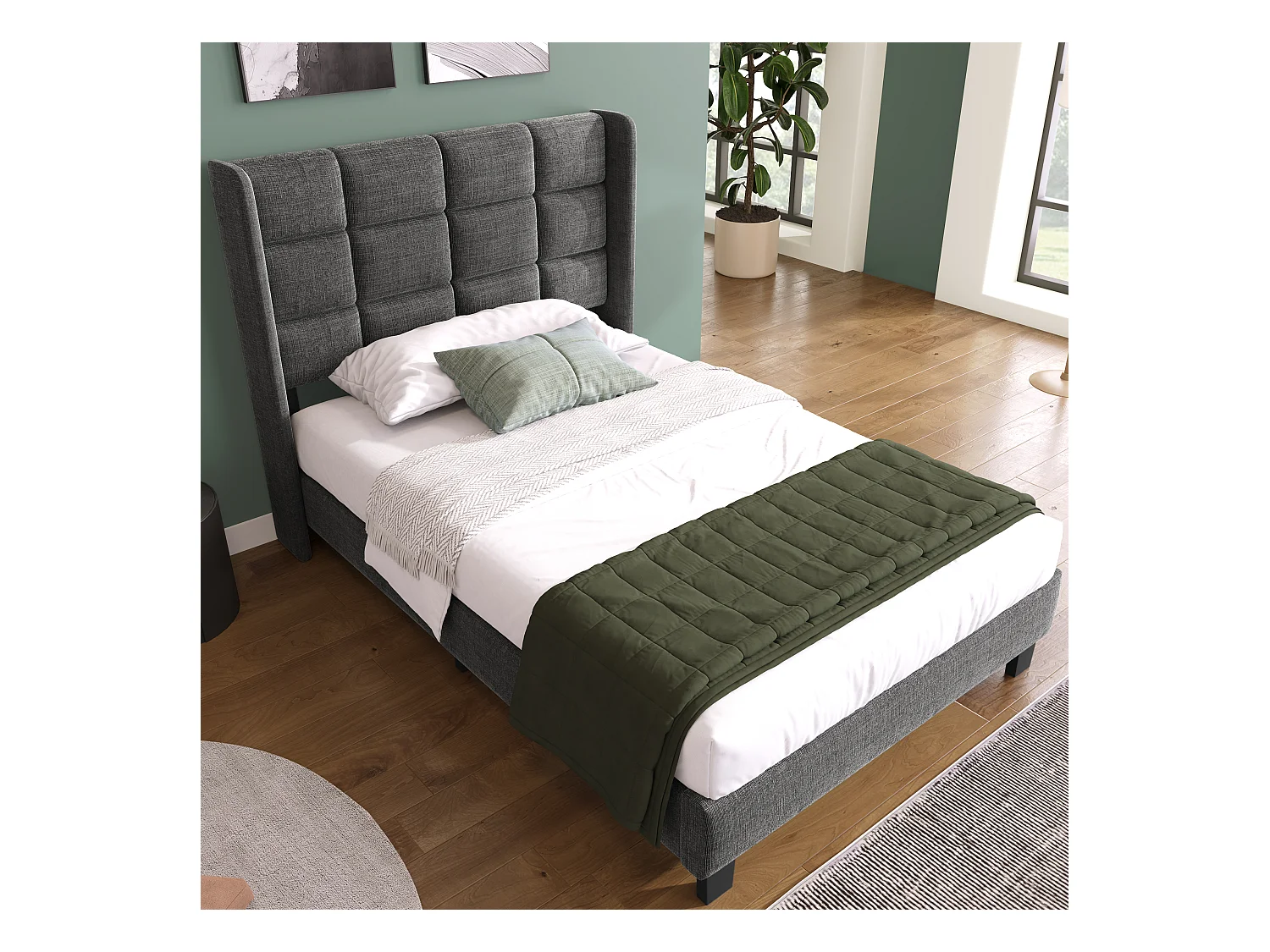 Lit enfant simple 90x200cm avec sommier - tête de lit capitonnée - cadre de lit en bois - lin gris (sans matelas)