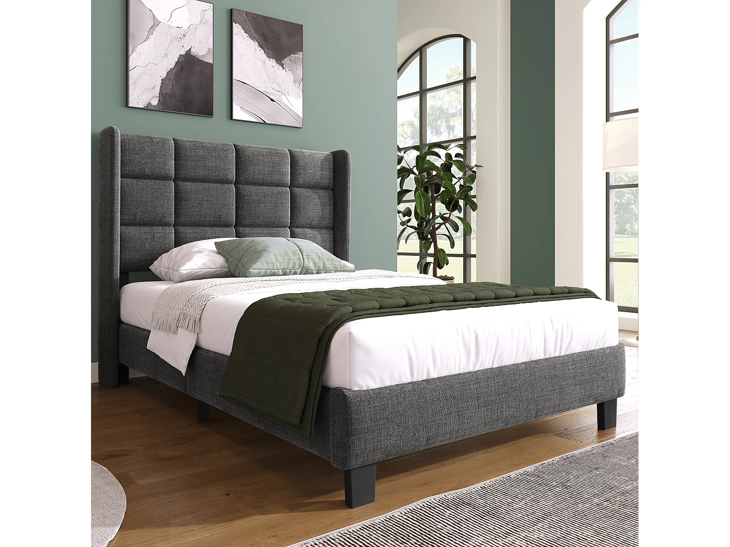 Lit tapissier 90x200 avec sommier à lattes, avec tête de lit rembourrée, structure acier et lattes en bois, lin gris (Sans  matelas)