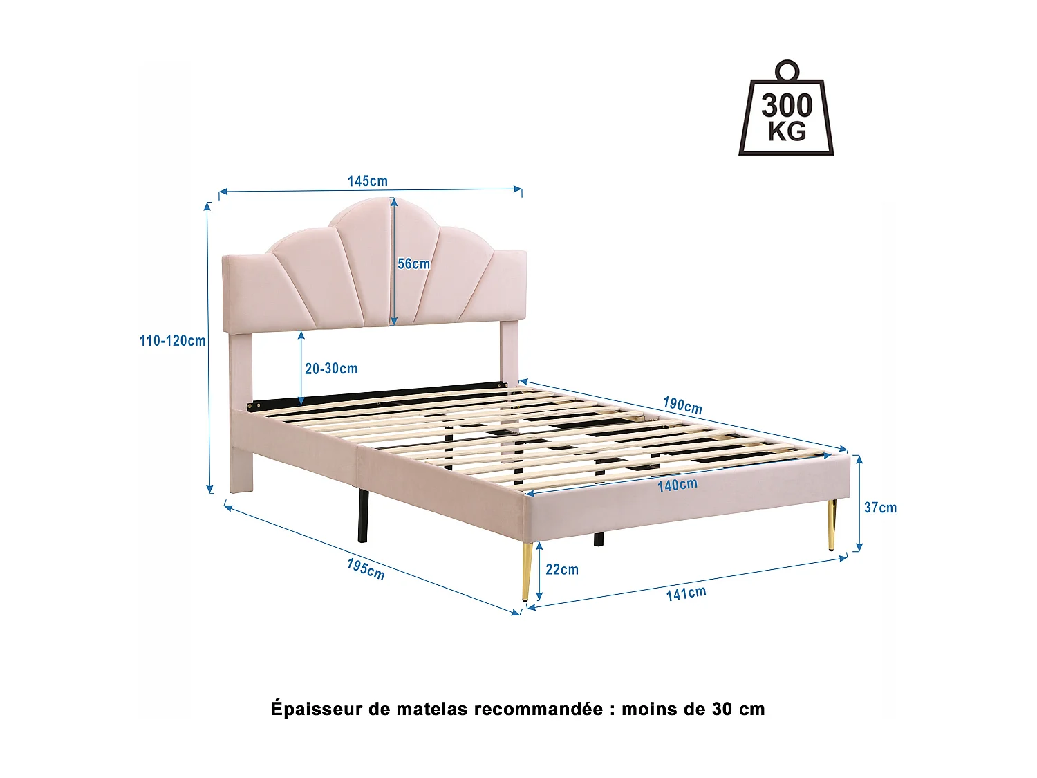 Lit adulte 140x190 cm avec sommier - tête de lit réglable en hauteur et pieds en métal - bois - velours rose (sans matelas)