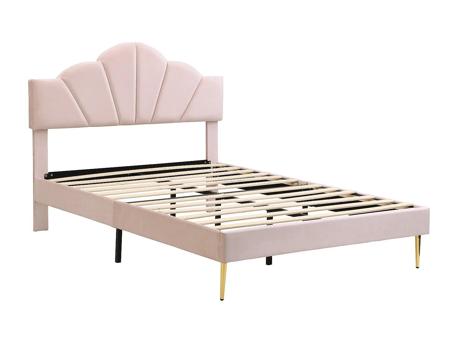 Lit double 140x190 cm, avec tête de lit coquille réglable sommier à lattes, velours, rose (Sans matelas)