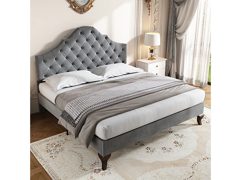 Lit adulte double 140x200 avec sommier - tête de lit réglable en hauteur - cadre de lit en bois - velours gris (sans matelas)