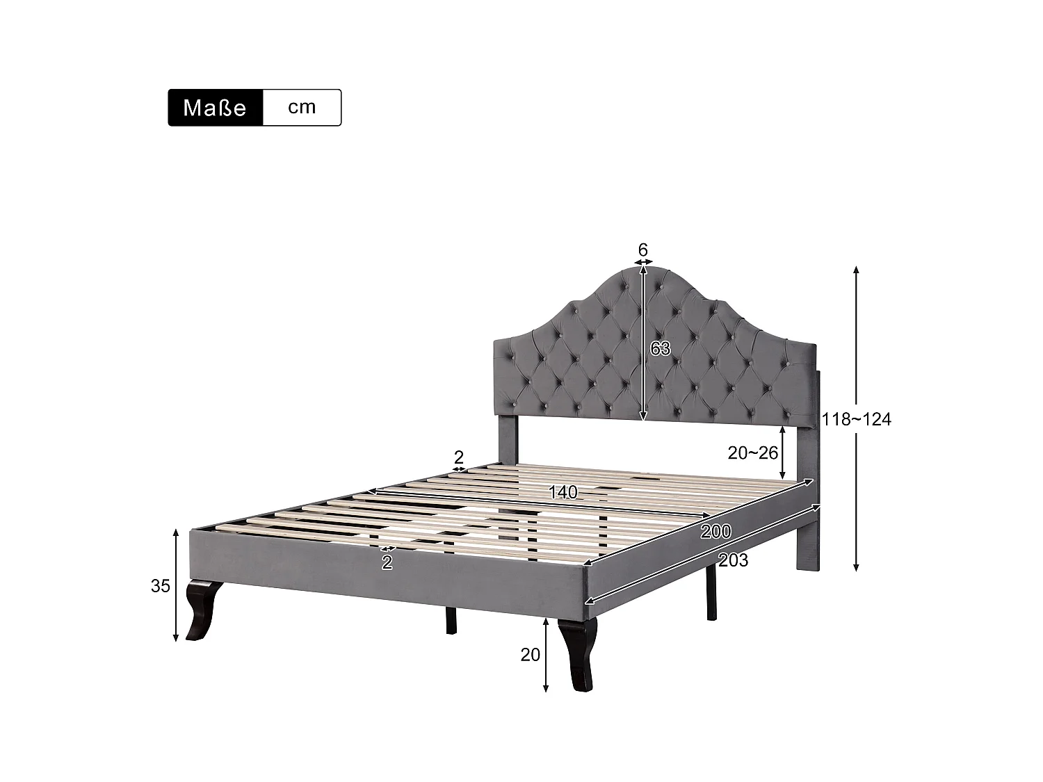 Lit adulte 140x200 avec sommier - tête de lit réglable en hauteur - cadre de lit en bois - velours gris (sans matelas)