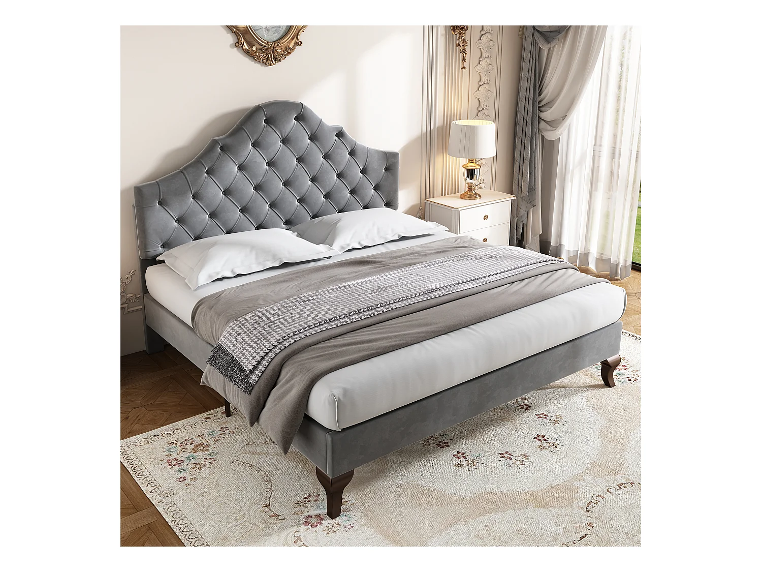 Lit adulte double 140x200 avec sommier - tête de lit réglable en hauteur - cadre de lit en bois - velours gris (sans matelas)