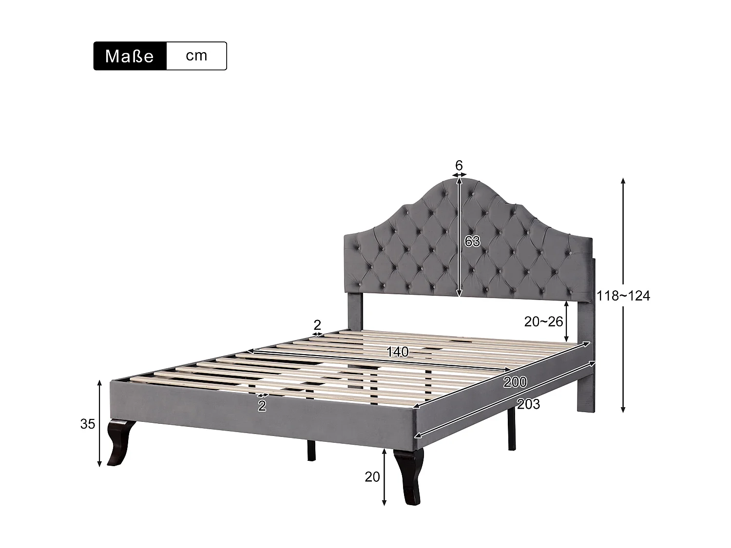 Lit adulte 140x200 avec sommier - tête de lit réglable en hauteur - cadre de lit en bois - velours gris (sans matelas)