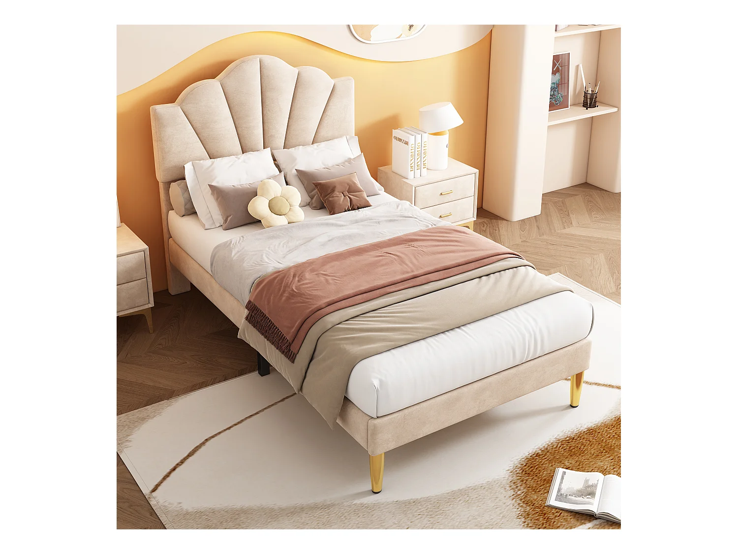 Eenpersoonsbed kinderbed 90x200 cm met lattenbodem - in hoogte verstelbaar hoofdeinde en metalen poten - hout - beige fluweel (zonder matras)