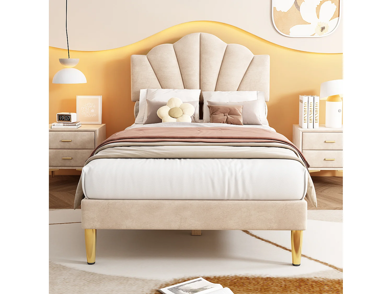 Lit capitonné 90x200 avec tête de lit coquillage réglable, avec sommier à lattes, velours, beige (Sans matelas)