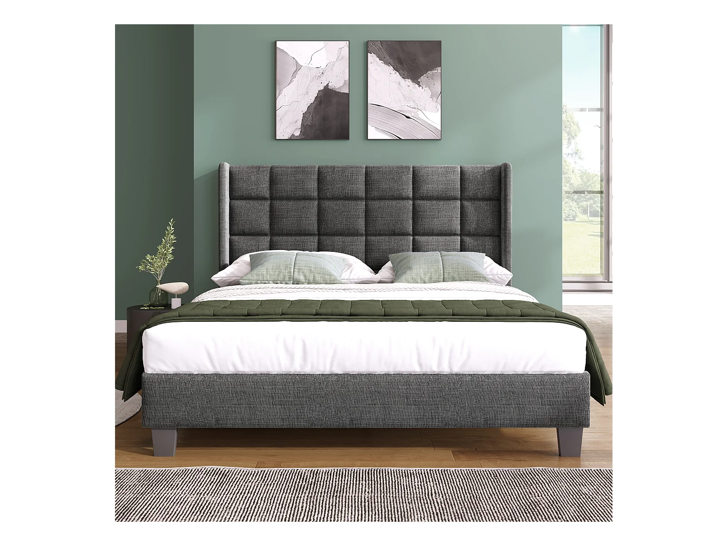 Lit double 140x200cm avec sommier - tête de lit capitonnée - cadre de lit en bois - lin gris (sans matelas)