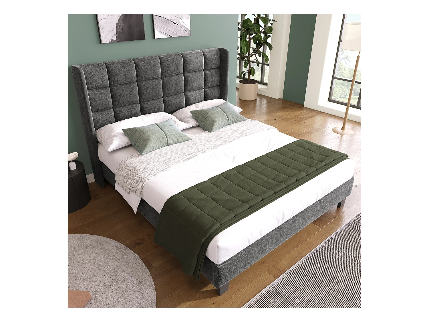 Lit double adulte 140x200cm avec sommier - tête de lit capitonnée - cadre de lit en bois - lin gris (sans matelas)