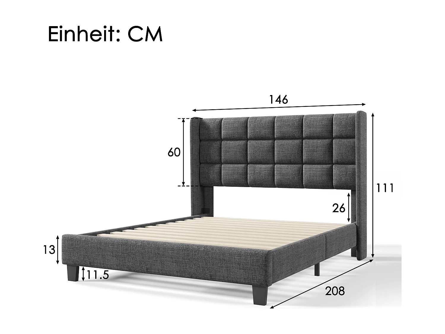 Lit double 140x200cm avec sommier - tête de lit capitonnée - cadre de lit en bois - lin gris (sans matelas)