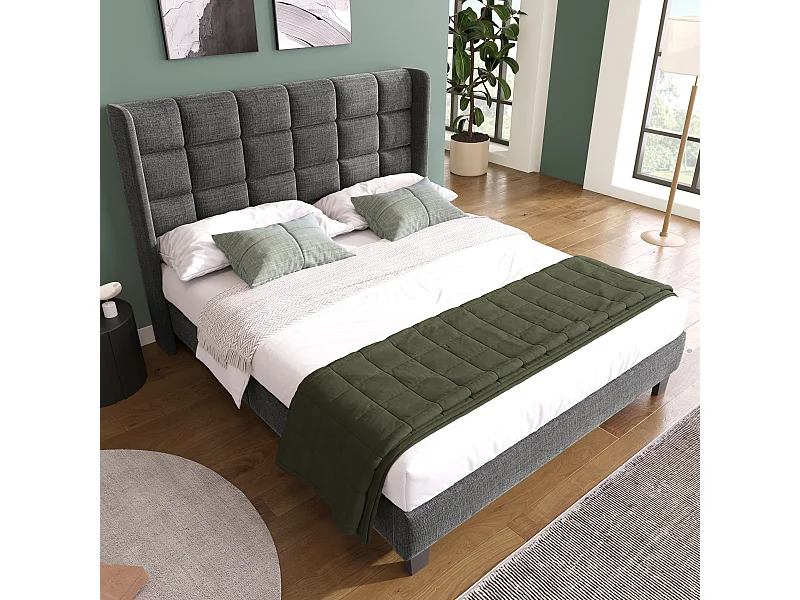 Volwassen tweepersoonsbed 140x200cm met lattenbodem - gestoffeerd hoofdeinde - houten bedframe - grijs linnen (zonder matras)