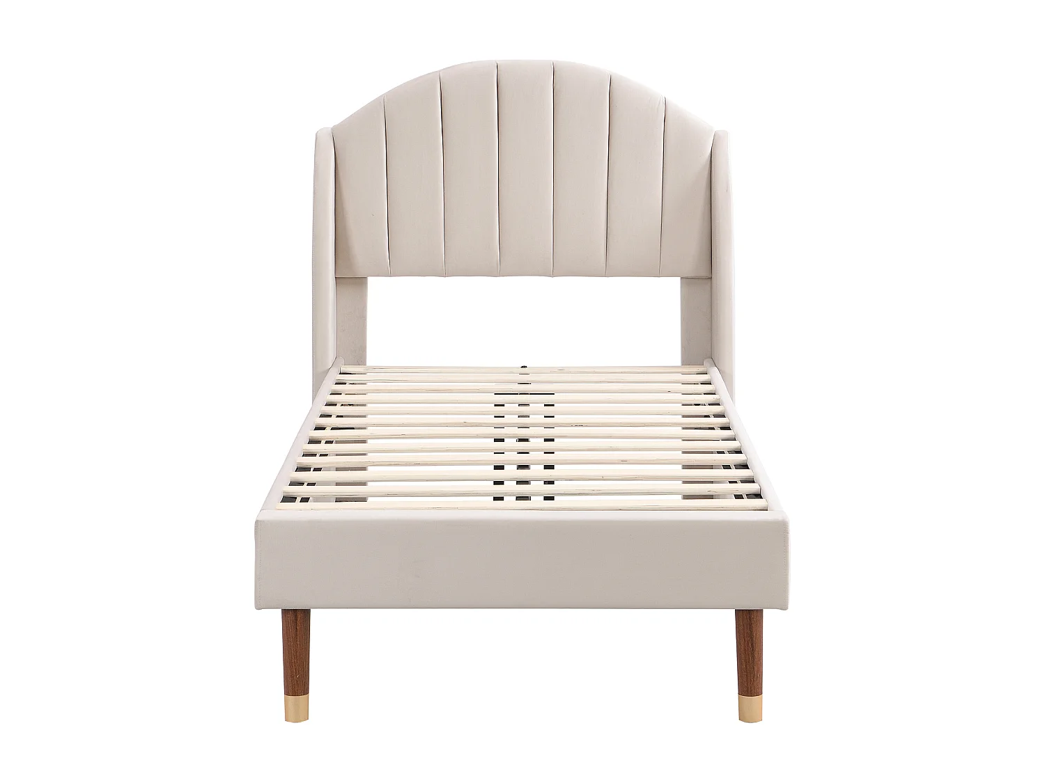 Lit enfant 90x200 avec sommier - tête de lit réglable en hauteur - cadre de lit en bois - velours beige (sans matelas)