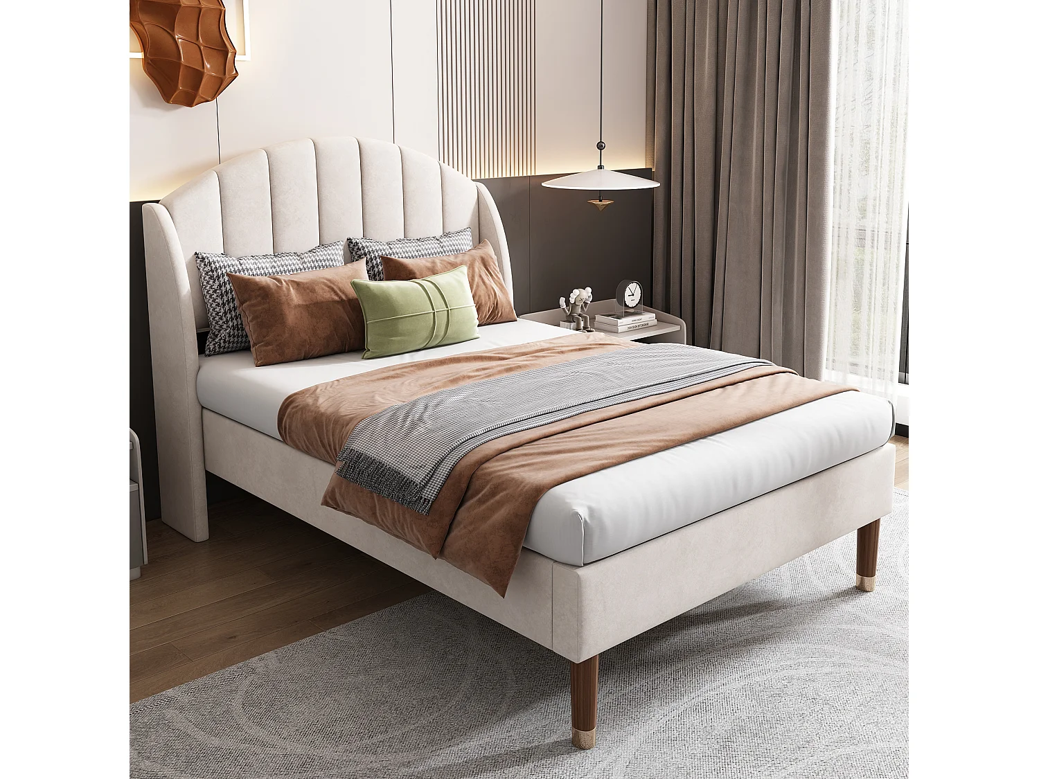 Lit enfant 90x200 avec sommier - tête de lit réglable en hauteur - cadre de lit en bois - velours beige (sans matelas)