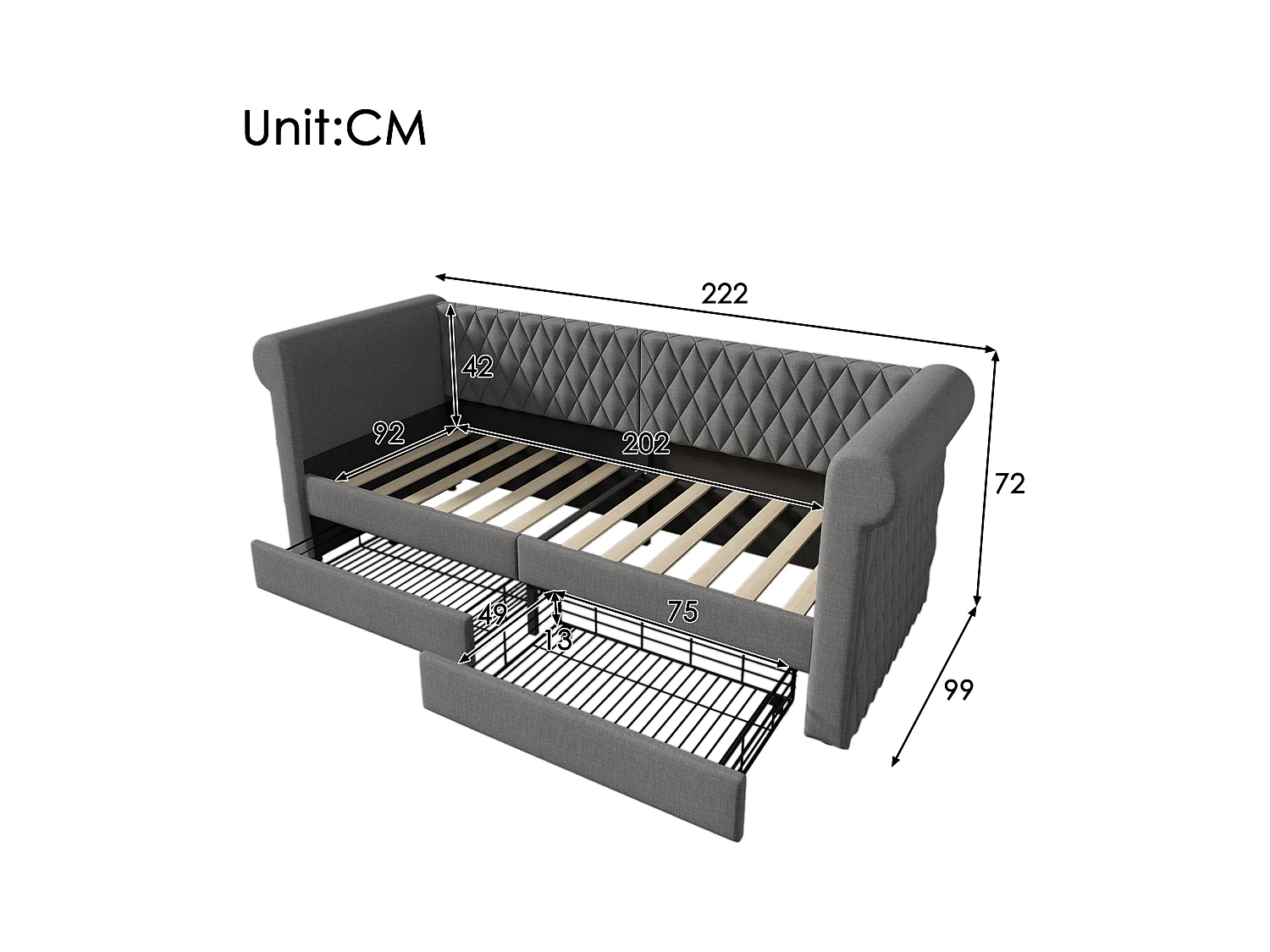 Canapé-lit 90x200 cm avec sommier - lit jeune avec 2 tiroirs de rangement - lin gris (sans matelas)