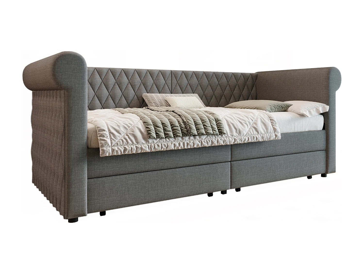 Canapé-lit 90x200 cm avec sommier - lit jeune avec 2 tiroirs de rangement - lin gris (sans matelas)