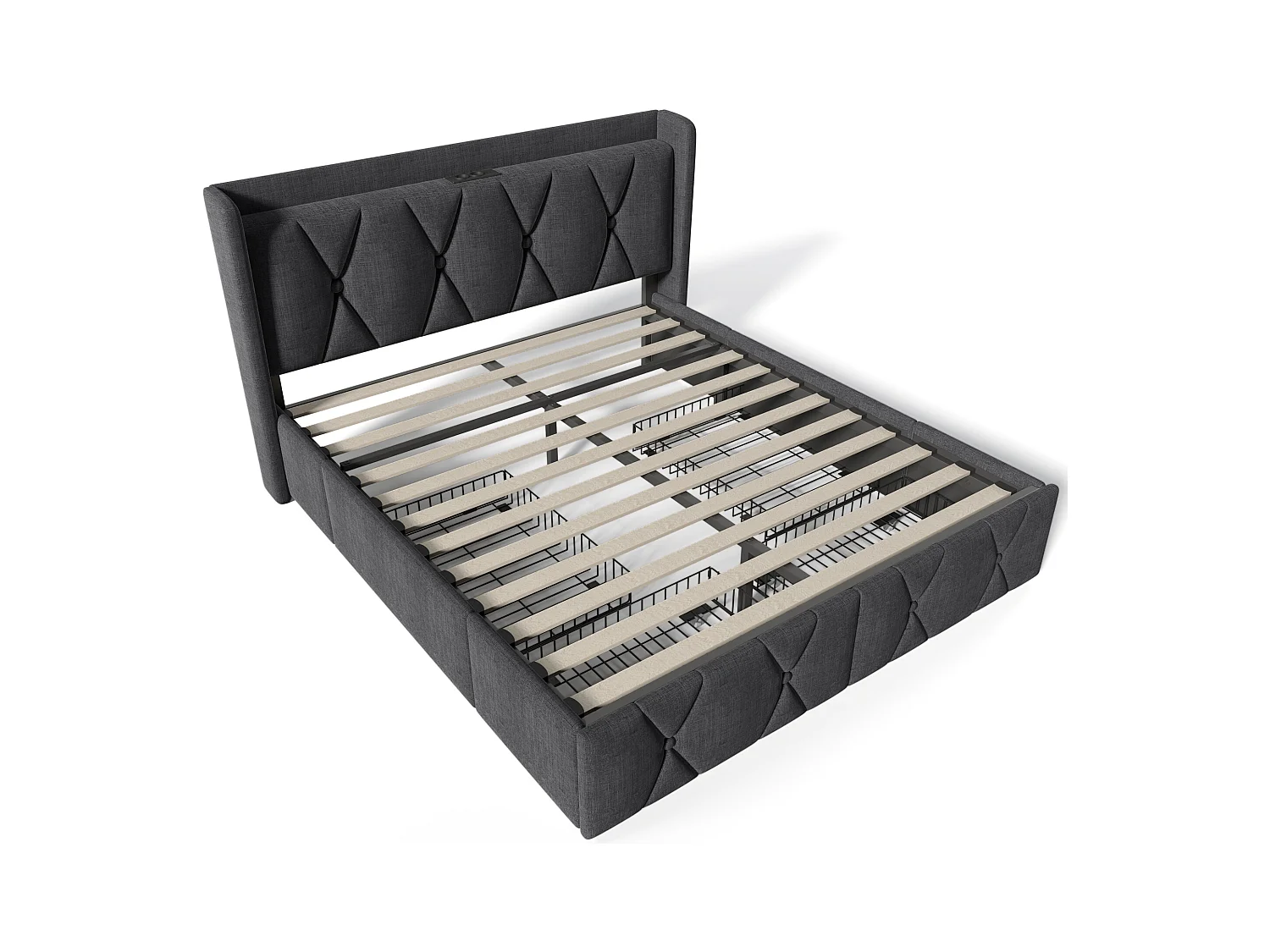 Lit adulte 160x200 cm avec sommier - tête de lit USB et 4 tiroirs de rangement - tissu lin gris (sans matelas)