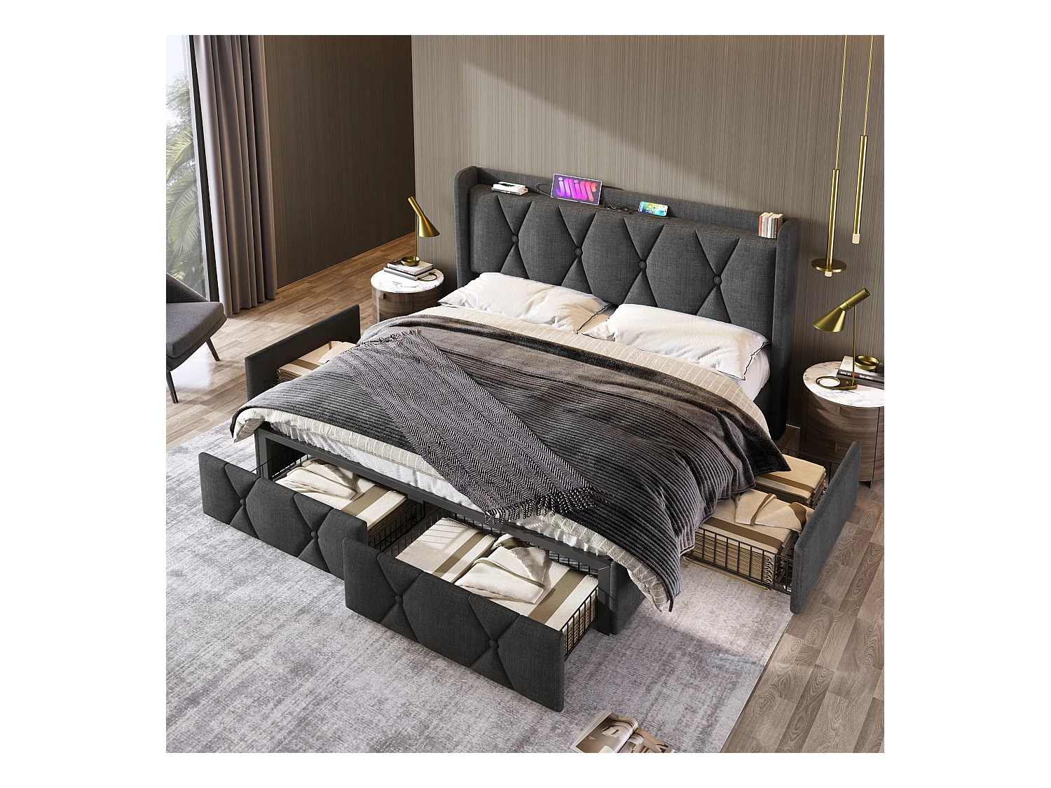 Lit adulte double 160x200 cm avec sommier - tête de lit USB et 4 tiroirs de rangement - tissu lin gris (sans matelas)