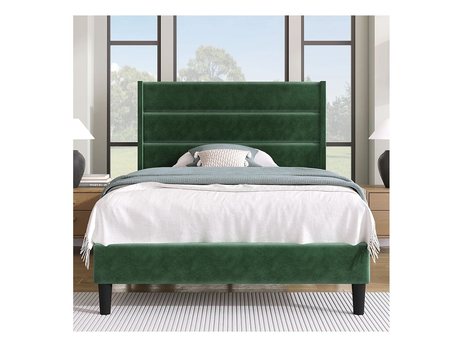 Lit enfant 90x200cm avec sommier - tête de lit capitonnée - cadre de lit en bois - velours vert (sans matelas)