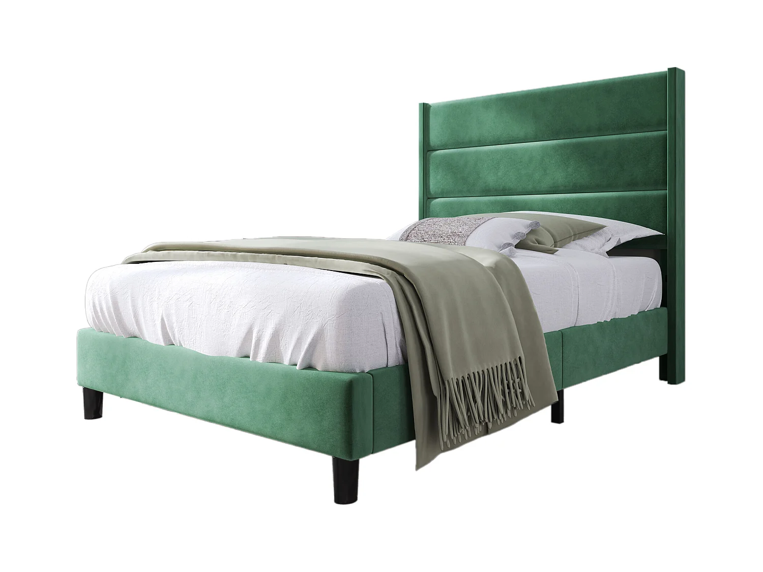 Lit enfant 90x200cm avec sommier - tête de lit capitonnée - cadre de lit en bois - velours vert (sans matelas)