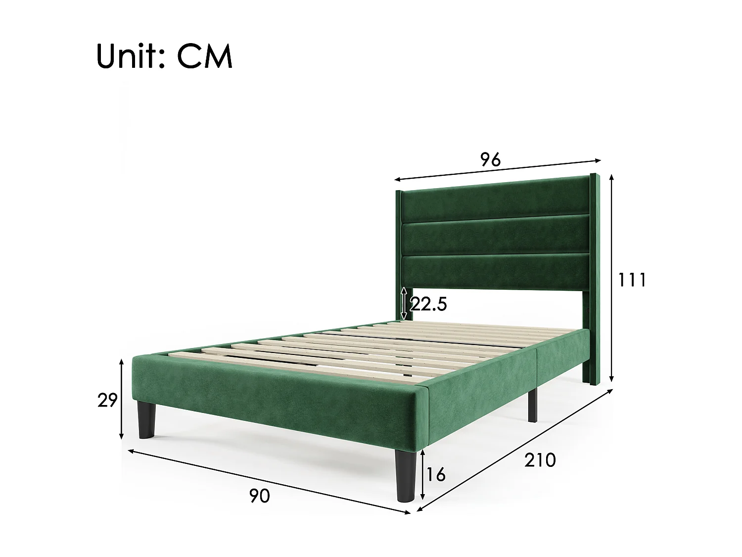 Lit enfant 90x200cm avec sommier - tête de lit capitonnée - cadre de lit en bois - velours vert (sans matelas)
