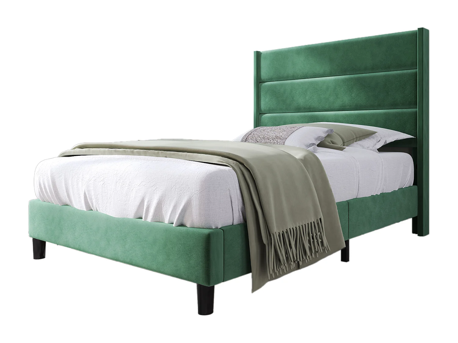 Lit enfant 90x200cm avec sommier - tête de lit capitonnée - cadre de lit en bois - velours vert (sans matelas)