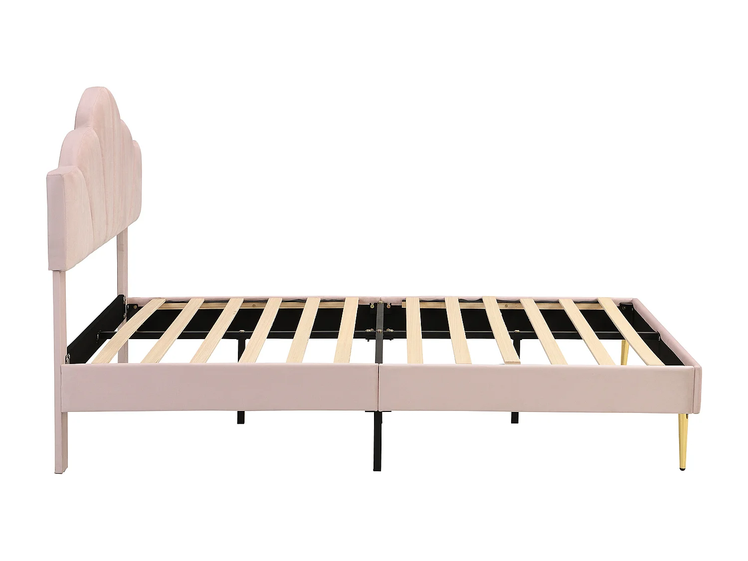 Lit adulte 140x200 cm avec sommier - tête de lit réglable en hauteur et pieds en métal - bois - velours rose (sans matelas)
