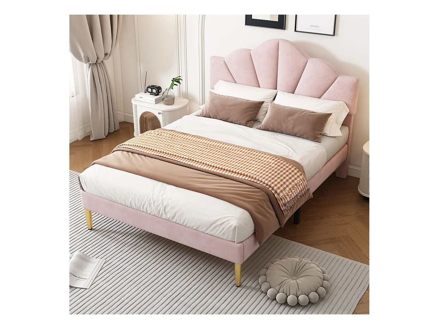 Lit adulte double 140x200 cm avec sommier - tête de lit réglable en hauteur et pieds en métal - bois - velours rose (sans matelas)