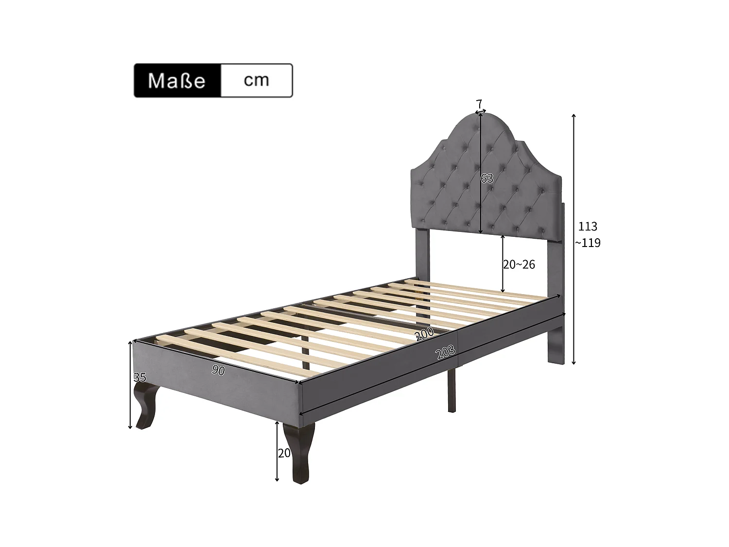 Lit enfant 90x200 avec sommier - tête de lit réglable en hauteur - cadre de lit en bois - velours gris (sans matelas)