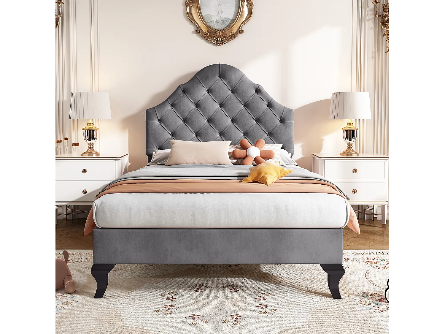 Lit enfant 90x200 avec sommier - tête de lit réglable en hauteur - cadre de lit en bois - velours gris (sans matelas)