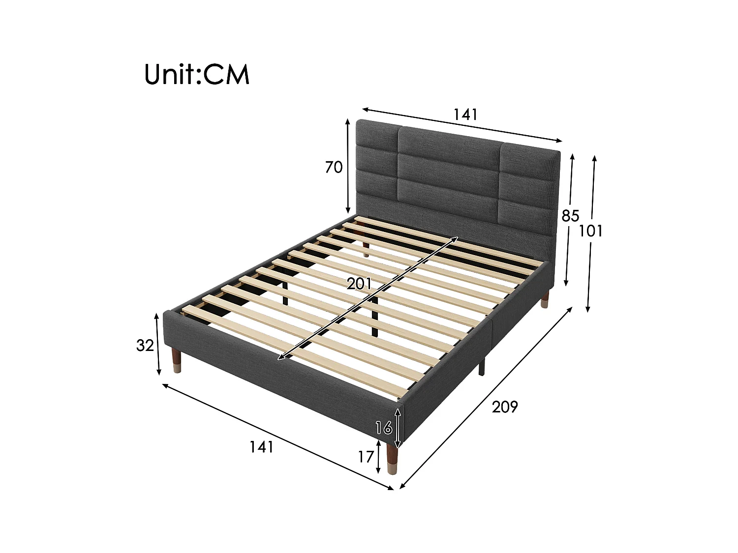 Lit double 140x200cm avec sommier - tête de lit capitonnée - cadre de lit en bois - lin gris (sans matelas)