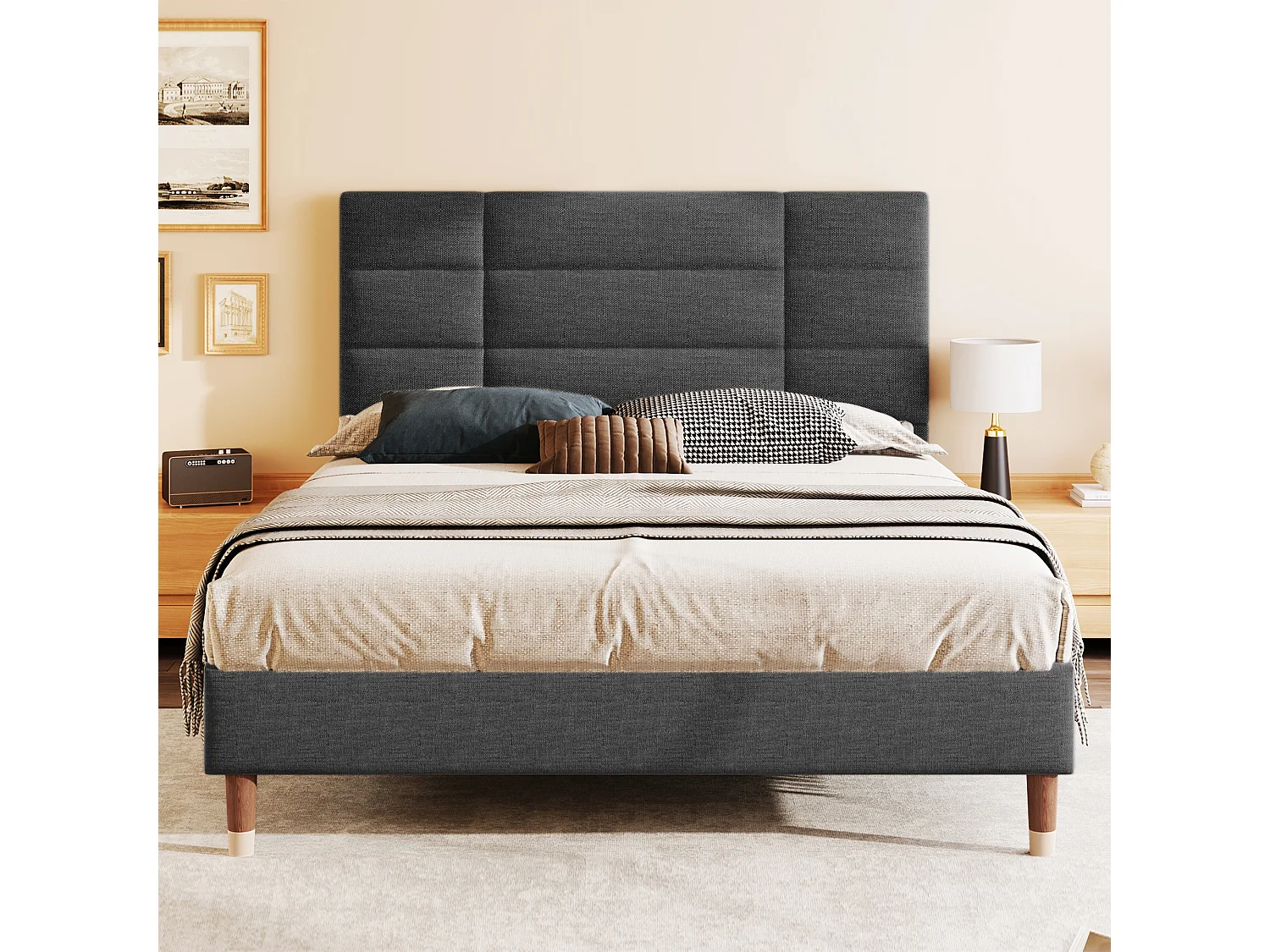 Lit double 140x200 avec sommier à lattes, avec tête de lit 8 cm, avec espace de rangement, bois, gris (Sans matelas)