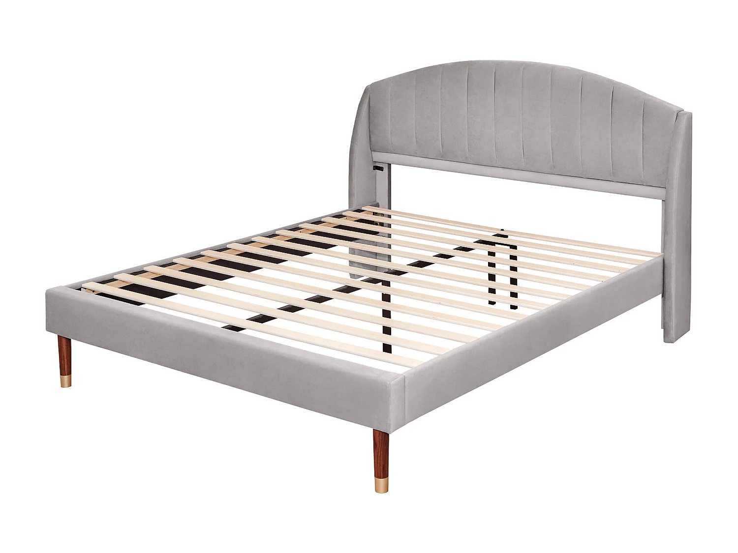 Lit double 160x200 cm avec sommier à lattes tête de lit, en velours, gris (Sans matelas)