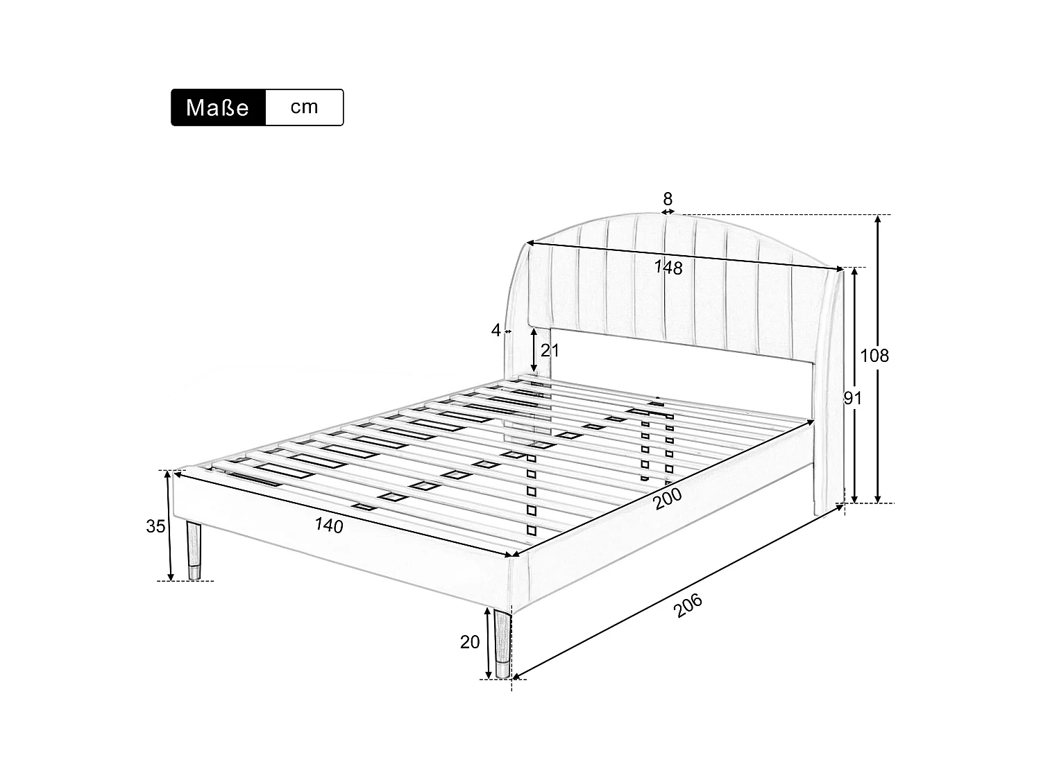 Tweepersoonsbed 140x200 cm met lattenbodem - in hoogte verstelbaar hoofdeinde - houten bedframe - grijs fluweel (zonder matras)