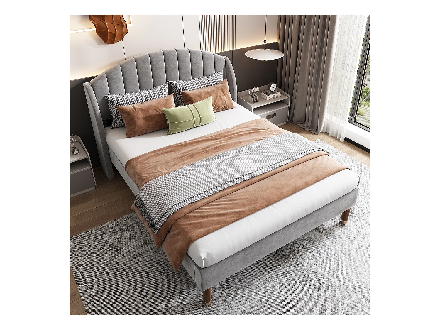 Lit adulte double 140x200 avec sommier - tête de lit réglable en hauteur - cadre de lit en bois - velours gris (sans matelas)