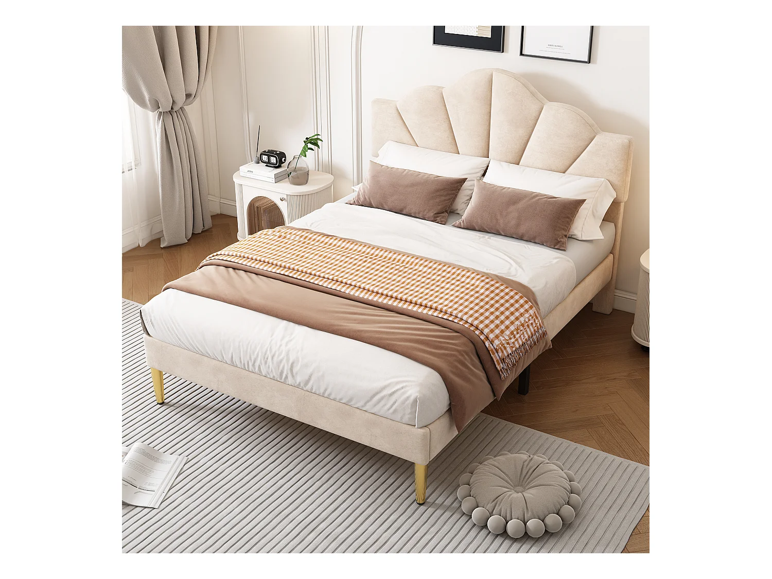 Lit adulte double 140x200 cm avec sommier - tête de lit réglable en hauteur et pieds en métal - bois - velours beige (sans matelas)