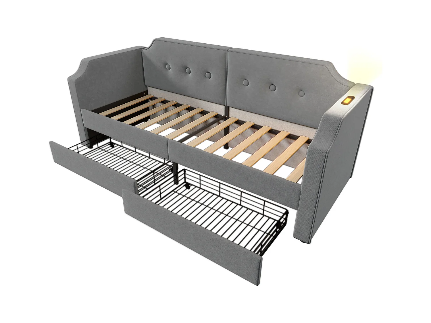 Canapé-lit 90x200 cm avec sommier - lit jeune avec USB et 2 tiroirs de rangement - velours gris (sans matelas)