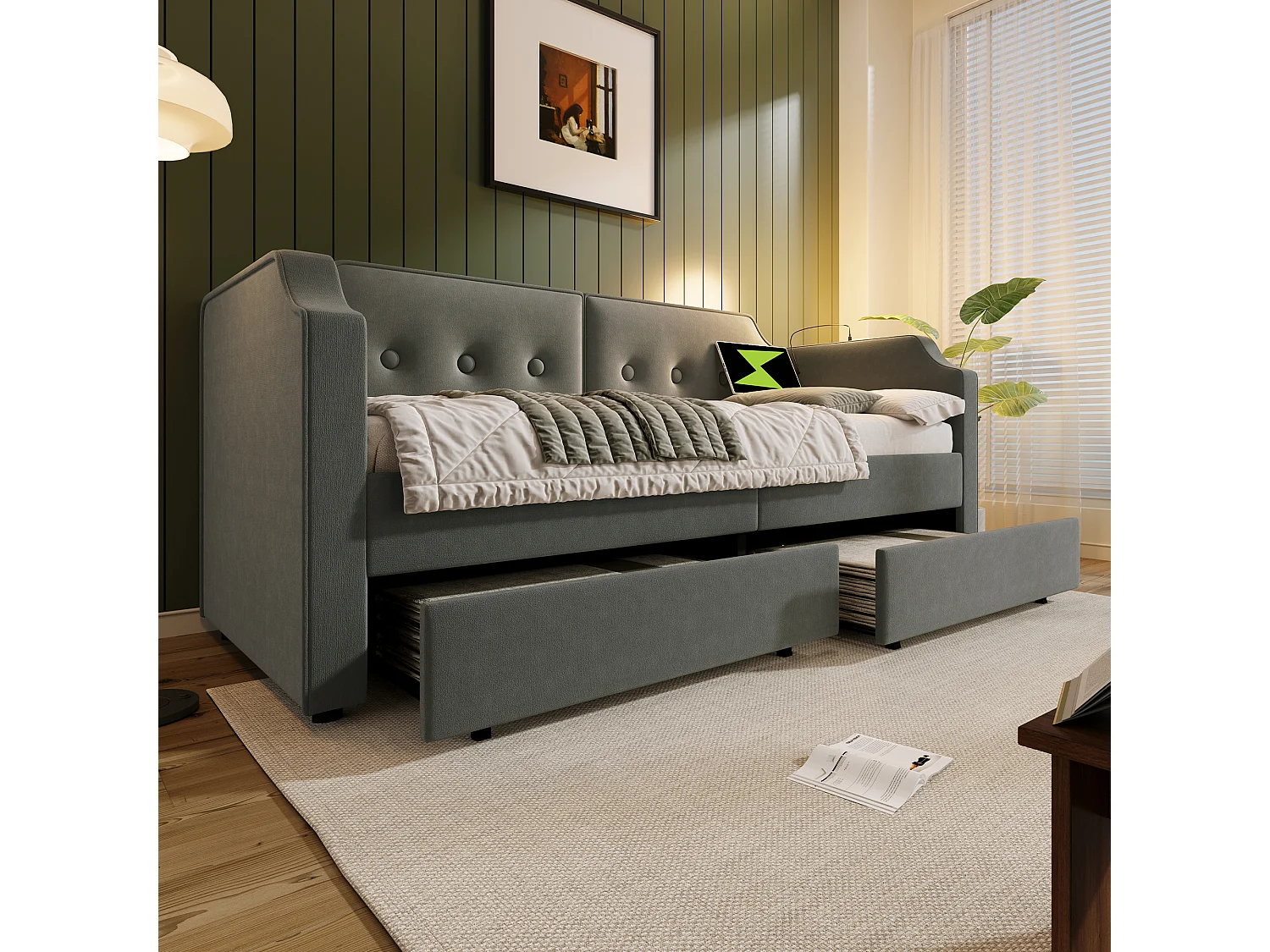 Canapé-lit 90x200 cm avec sommier - lit jeune avec USB et 2 tiroirs de rangement - velours gris (sans matelas)